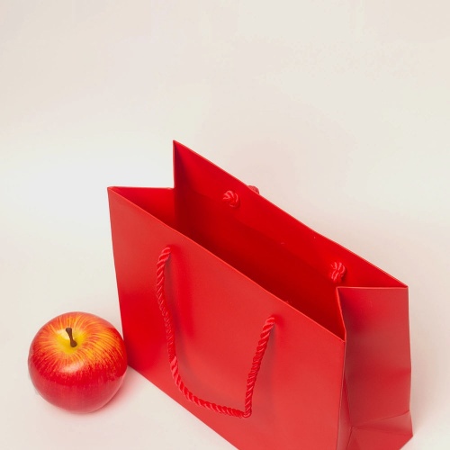 Пакеты бумажные 23х20х10см, цвет - красный, материал - мелованная бумага, ламинация - матовая, ручки - витой шнур, фото 3 