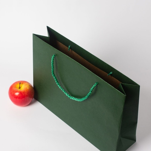 Пакеты бумажные 35х25х10см, цвет - зеленый, материал - плотный крафт, ламинация - без ламинации, ручки - шнур, фото 4 