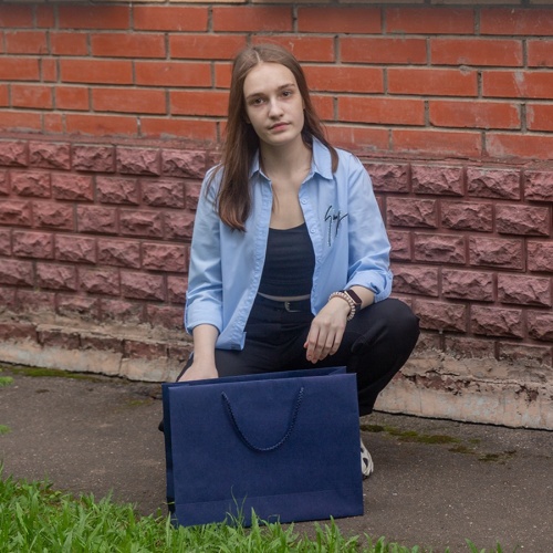 Пакеты бумажные 41х31х12см, цвет - синий, материал - плотный крафт, ламинация - без ламинации, ручки - шнур, фото 5