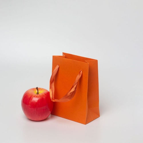 Пакеты бумажные 11х15х6см, цвет - оранжевый, материал - дизайнерская бумага, ламинация - без ламинации, ручки - лента атласная, фото 2 