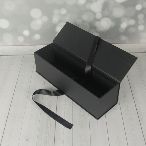 Коробка с откидной крышкой 9х33х9, чёрный, дизайнерская бумага, лента атласная