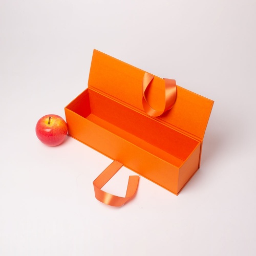 Коробка с откидной крышкой 9х33х9, оранжевый, дизайнерская бумага, лента атласная