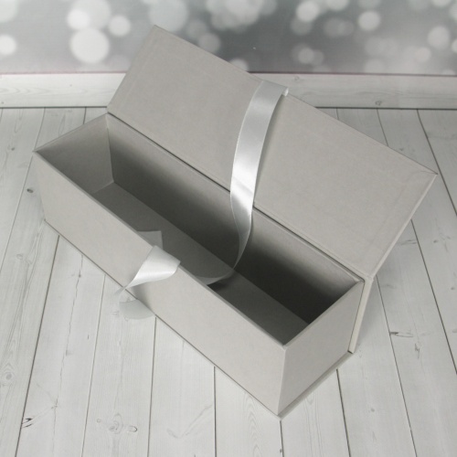 Кашированные коробки 9х33х9см, цвет - серый, материал - дизайнерская бумага, ламинация - без ламинации, ручки - лента атласная, фото 3 