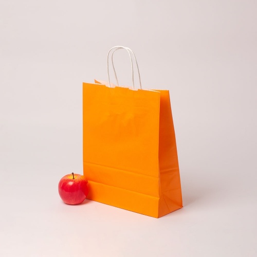 Пакет 25x32x11, оранжевый, крафт, белые крученые ручки,