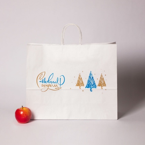 Пакеты бумажные 45х35х15см, цвет - белый, материал - тонкий крафт, ламинация - без ламинации, ручки - плоские бумажные, фото 1 (вид спереди)