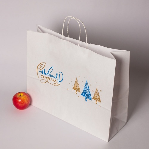 Пакеты бумажные 45х35х15см, цвет - белый, материал - тонкий крафт, ламинация - без ламинации, ручки - плоские бумажные, фото 4