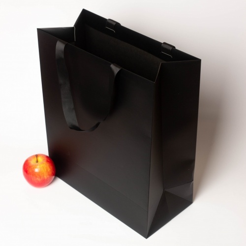 Пакеты бумажные 33х40х16см, цвет - черный, материал - картон, ламинация - матовая, ручки - лента репсовая, фото 4