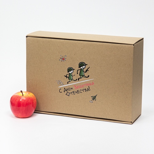 Коробка самосборная с откидной крышкой 22х10х33, Т23Е бур/бур, «С Днем защитника отечества», бурый