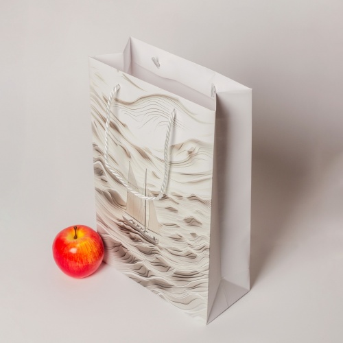 Пакеты бумажные 23х36х10см, цвет - белый, материал - мелованная бумага, ламинация - матовая, ручки - лента репсовая, фото 4