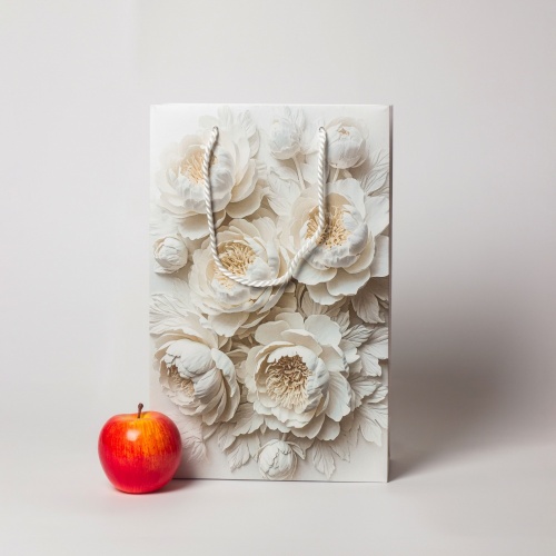 Пакеты бумажные, 23x36x10, белый, меловка "Пионы"