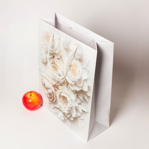 Пакеты бумажные 3х40х12см, цвет - белый, материал - мелованная бумага, ламинация - матовая, ручки - лента репсовая, фото 4