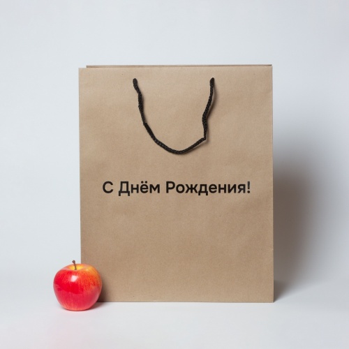 Пакеты бумажные 33х40х16см, цвет - коричневый, материал - плотный крафт, ламинация - без ламинации, ручки - шнур, фото 1 (вид спереди)