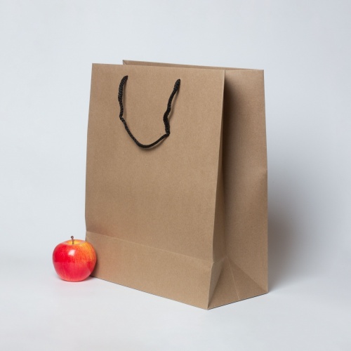 Пакеты бумажные 33х40х16см, цвет - коричневый, материал - плотный крафт, ламинация - без ламинации, ручки - шнур, фото 3