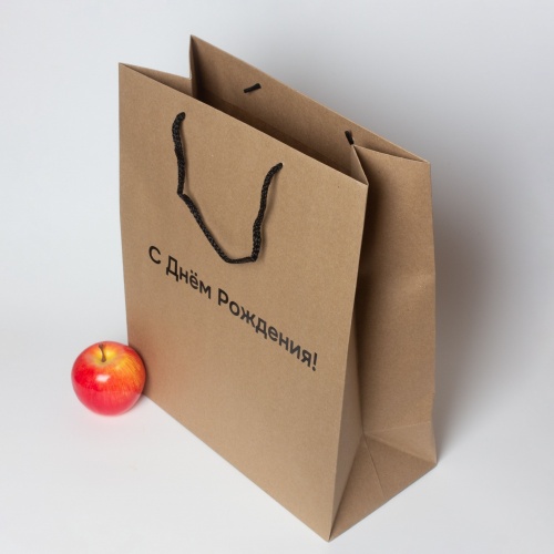 Пакеты бумажные 33х40х16см, цвет - коричневый, материал - плотный крафт, ламинация - без ламинации, ручки - шнур, фото 4