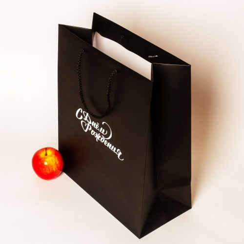 Пакеты бумажные, 33x40x16, черный матовый "С Днем рождения"