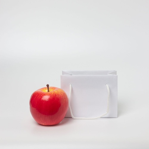 Пакеты бумажные 12х9х6см, цвет - белый, материал - мелованная бумага, ламинация - матовая, ручки - шнур, фото 1 (вид спереди)