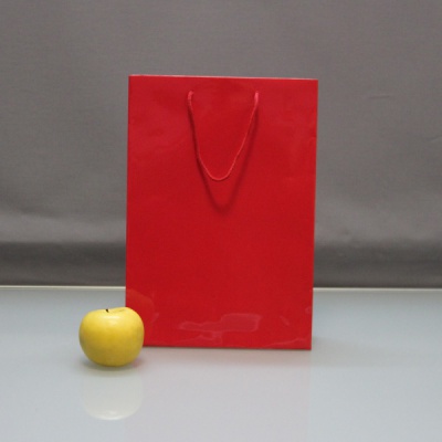 Пакеты бумажные 25х36х8см, цвет - красный, материал - мелованная бумага, ламинация - глянец, ручки - шнур, фото 1 (вид спереди)