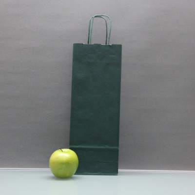 Пакеты бумажные 15х39х7см, цвет - зеленый, ламинация - без ламинации, ручки - крученые (шпагат), фото 1 (вид спереди)